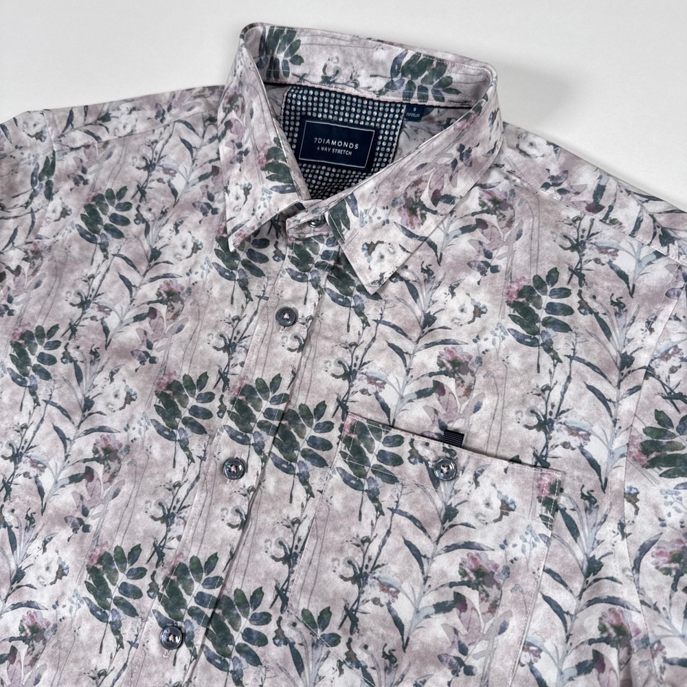 7 Diamonds Shirt Mens S Gray Pink Floral 4 Way Stretch Short Sleeve Morning Rise